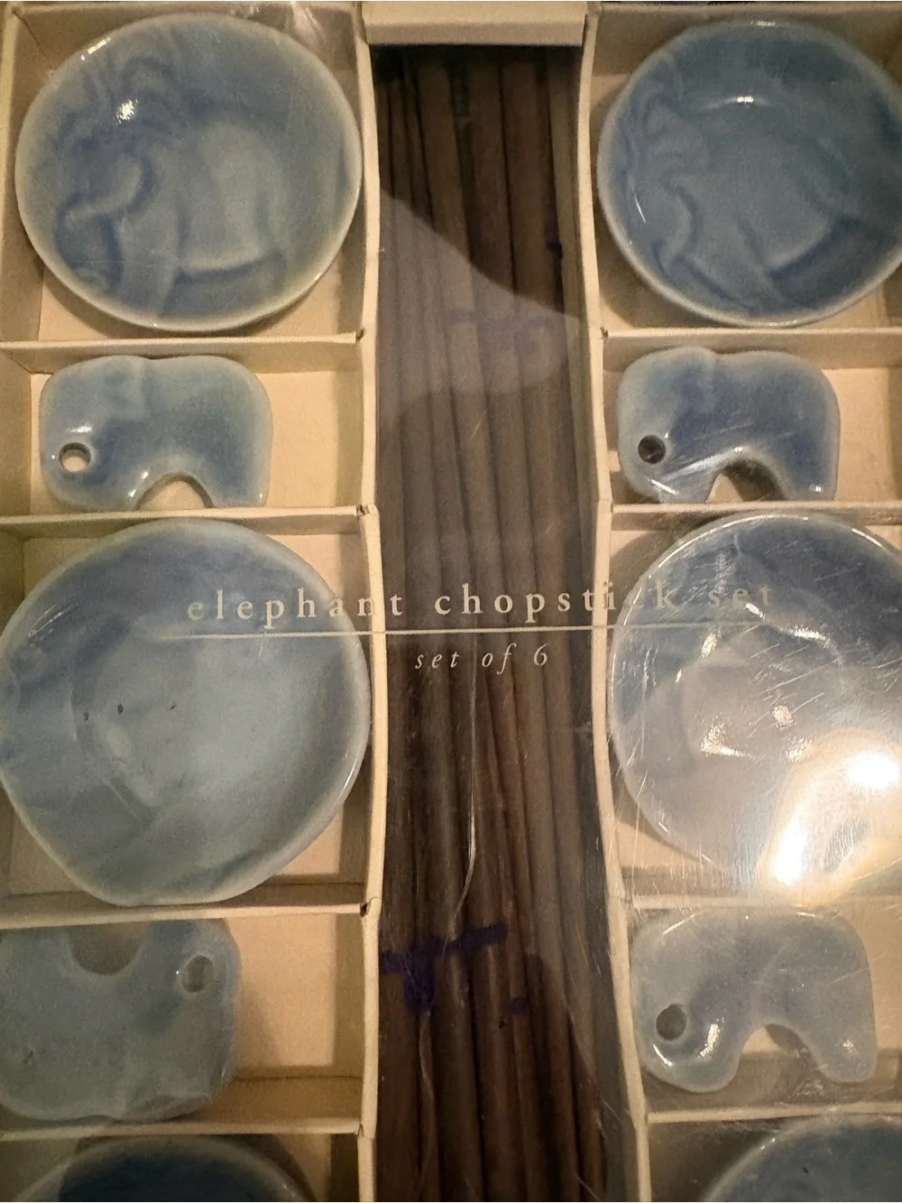 Elephant Chopstick Set - Blue Ceramic Appetizer Plates & Holders (Set of 6) nwt